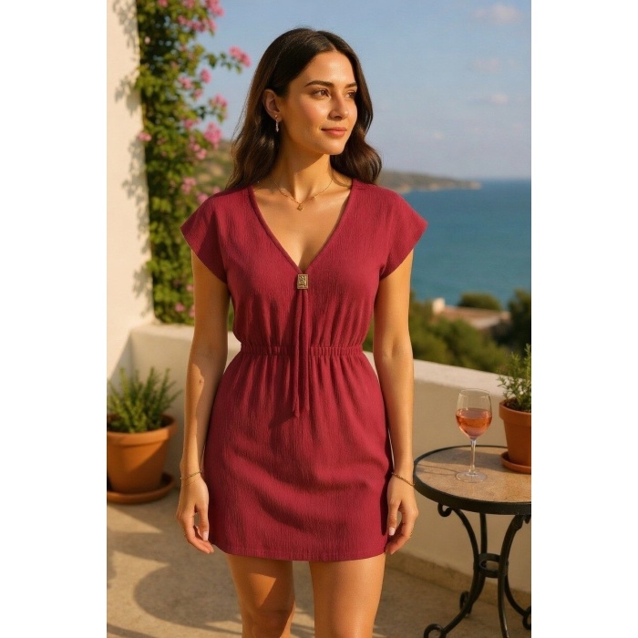Kadın Bordo Yanları Yırtmaçlı Tokalı V Yaka Mini Plaj Elbisesi
