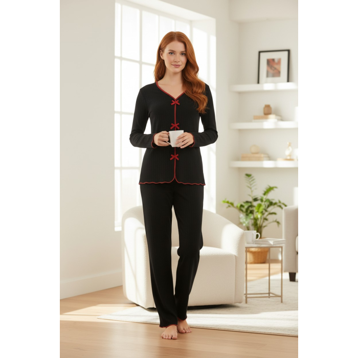 Premium Kadın 4’lü Fitilli Set – Siyah Kırmızı Biyeli (Pijama Üst, Pantolon, Bikini Takımı)