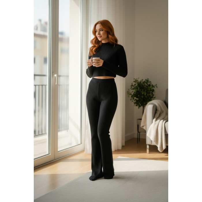 Kadın Siyah Fitilli Eşofman Takımı – Crop Uzun Kollu Üst & Paça Pantolon, Şık Günlük Set