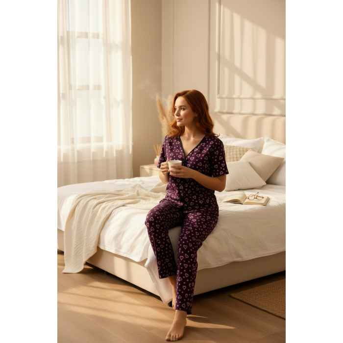 Kadın Mor Kalp Desenli Fiyonklu Kısa Kollu Uzun Pijama Takımı