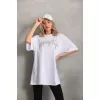 Lucky Life Unisex Taş Desenli Oversize T-Shirt - Beyaz