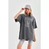 Lucky Life Unisex Taş Desenli Oversize T-Shirt - Füme