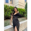 Lucky Life Kadın Uzun Kollu Yırtmaçlı önü Pile Detay Kadife Elbise