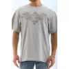 Unisex Oversize Taşlı Bisiklet Yaka T-Shirt - Gri