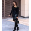 Lucky Life Kadın Uzun Kollu Asimetrik Yaka Süet Ve Deri Mini Boy Elbise