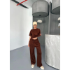 Lucky Life Kadın Yumuşak Dokulu Kumaş Kısa Kollu Bluz Rahat Pantalon Ikili Takım- Kahverengi
