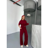 Lucky Life Kadın Yumuşak Dokulu Kumaş   Kısa Kollu Bluz Rahat Pantalon Ikili Takım- Bordo
