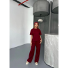 Lucky Life Kadın Yumuşak Dokulu Kumaş   Kısa Kollu Bluz Rahat Pantalon Ikili Takım- Bordo