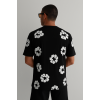 Ön Ve Arka Baskılı Oversize Bisiklet Yaka T-shirt- Siyah