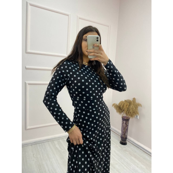 Lucky Life Krep Kumaş Uzun Kollu Tam Boy Puantiyeli Elbise 132 Cm