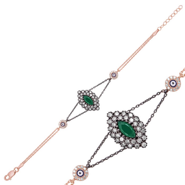Lucky Life 925 Ayar Gumuss  Rose Mat Yeşil Taşlı Otantik Bileklik