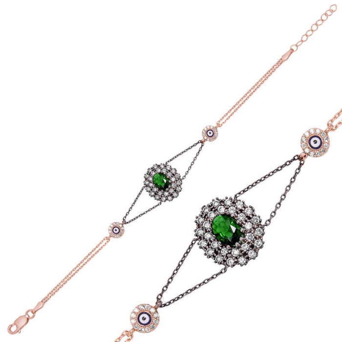 Lucky Life 925 Ayar Gumuss  Rose Yeşil Taşlı Otantik Bayan Bileklik