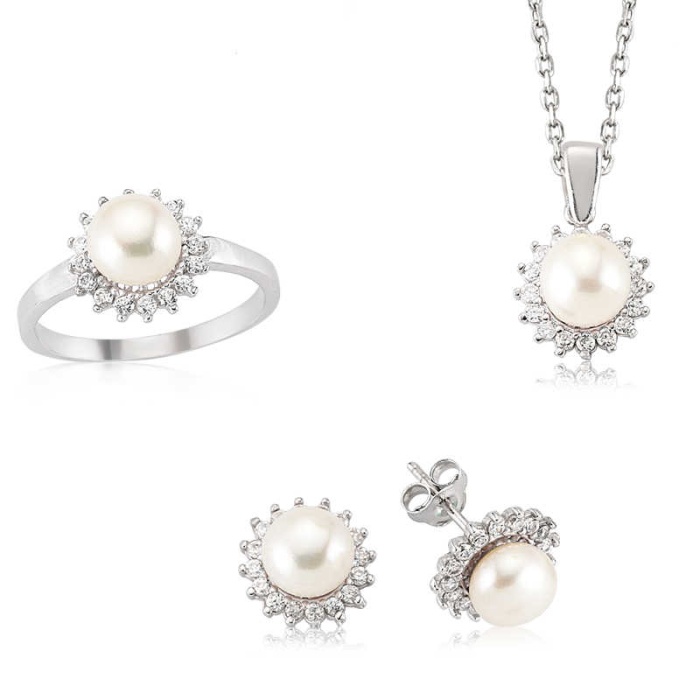Lucky Life 925 Ayar Gumuss  Zirkon Taşlı İnci Bayan Set