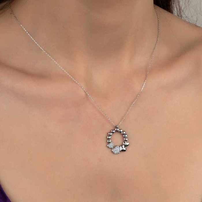 Swarovski Taşlı Lucky Life 925 Ayar Gumuss  Çember Kalp Bayan Kolye