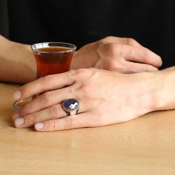 Lucky Life 925 Ayar Gumuss  Mavi Zirkon Taşlı Erkek Yüzük