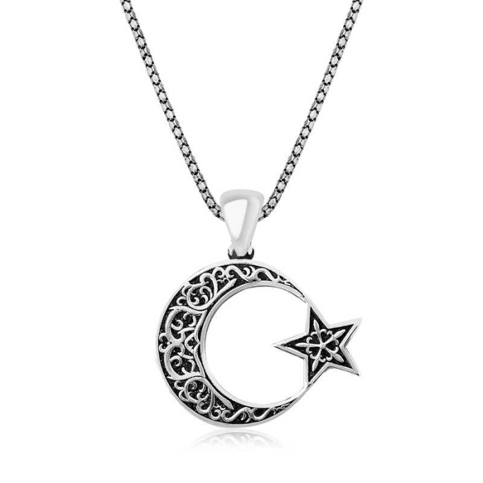 Lucky Life 925 Ayar Gumuss  Desenli Ay Yıldız Erkek Kolye