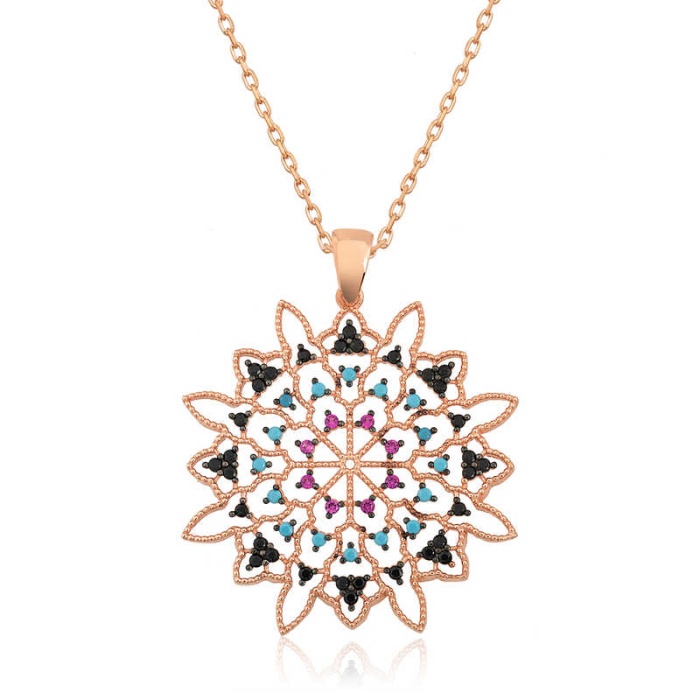 Lucky Life 925 Ayar Gumuss  Rose Geometrik Desenli Madalyon Kolye
