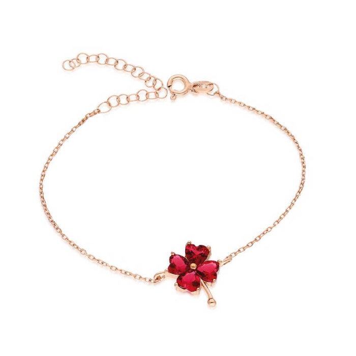 Lucky Life 925 Ayar Gumuss  Rose Kırmızı Kalpli Yonca Bayan Bileklik