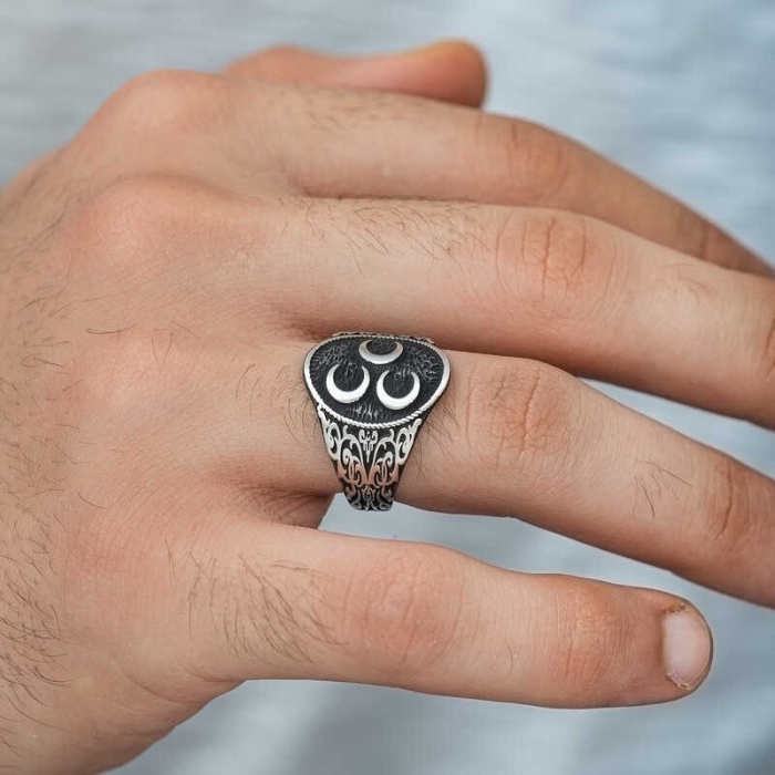 Lucky Life 925 Ayar Gumuss  Üç Hilal Erkek Yüzük