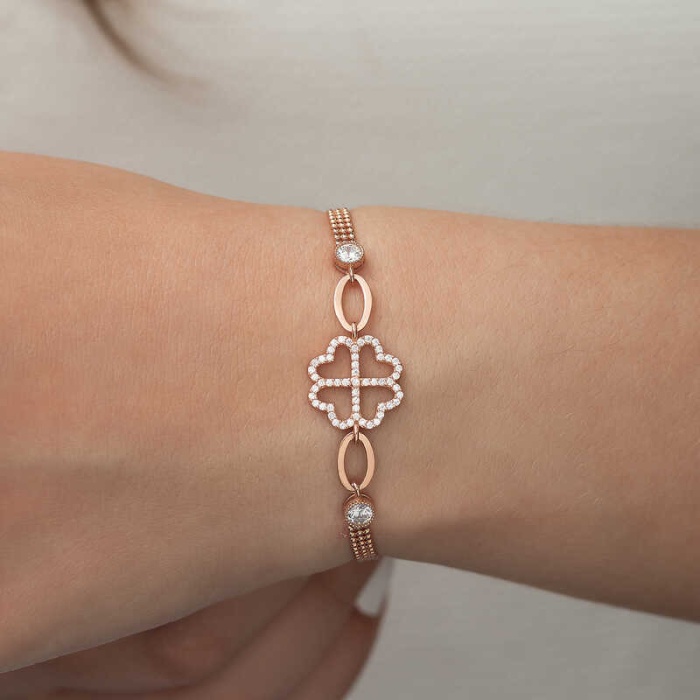 Lucky Life 925 Ayar Gumuss  Rose Kalpli Yonca Bileklik