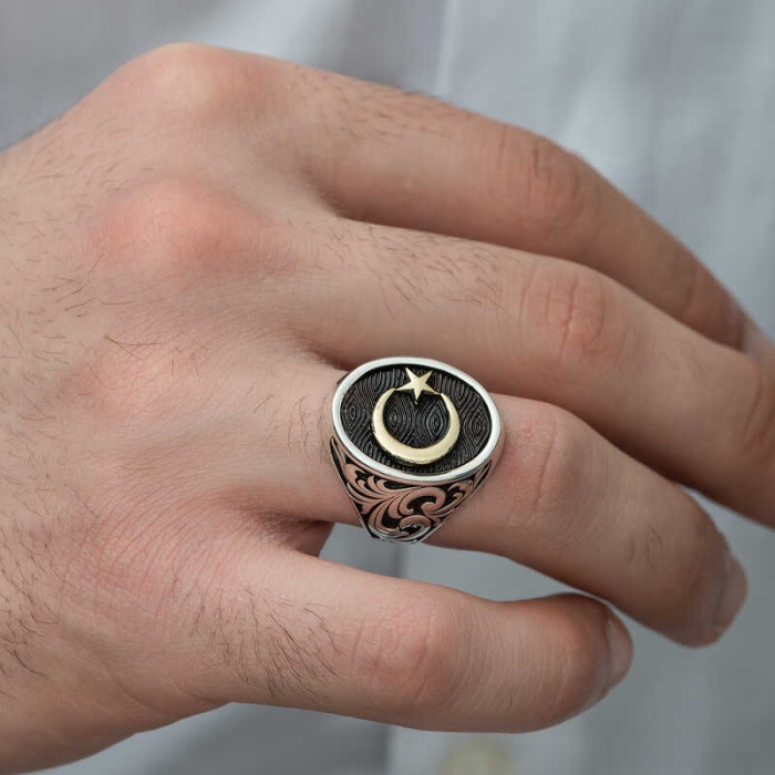 Lucky Life 925 Ayar Gumuss  Yanları Desenli Ay Yıldız Erkek Yüzük