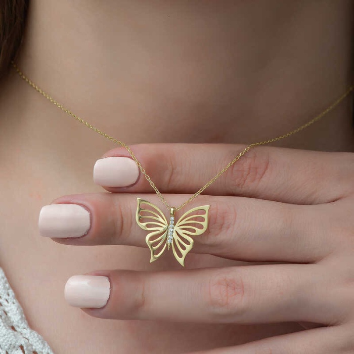 ​Lucky Life 925 Ayar Gumuss  Gold Bahar Kelebeği Bayan Kolye