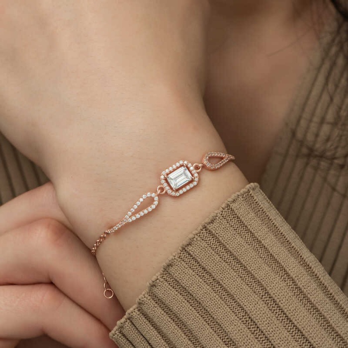 Lucky Life 925 Ayar Gumuss  Rose Dikdörtgen Baget Bileklik