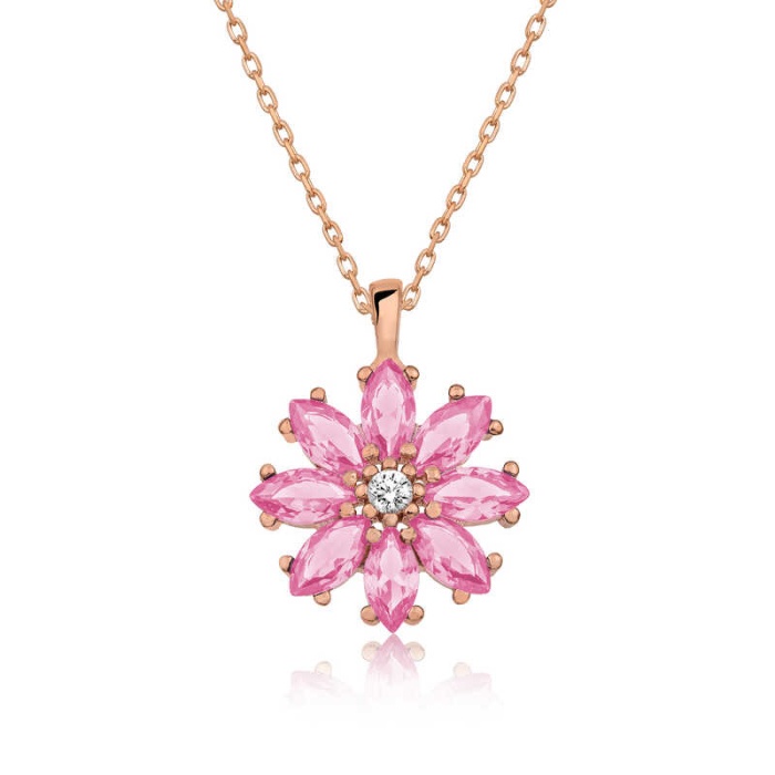 Lucky Life 925 Ayar Gumuss  Rose Pembe Çiçek Kolye