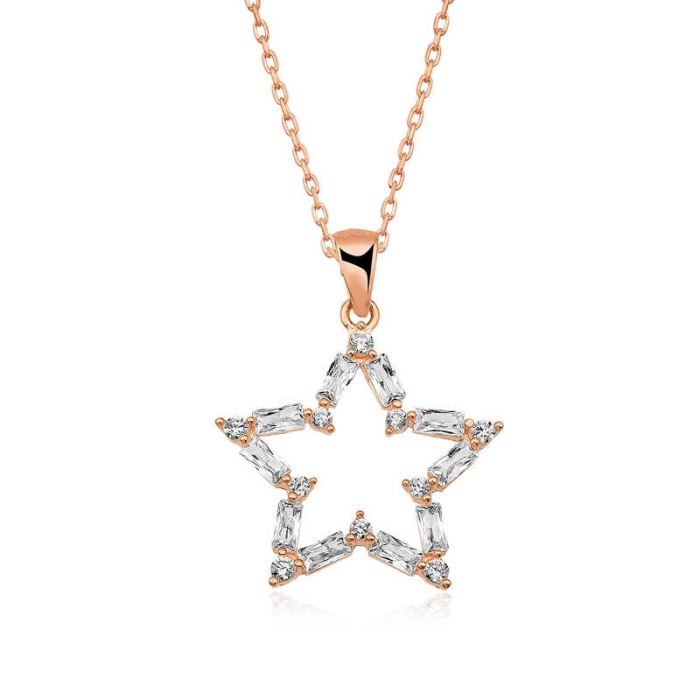 ​Lucky Life 925 Ayar Gumuss  Rose Baget Taşlı Yıldız Kolye