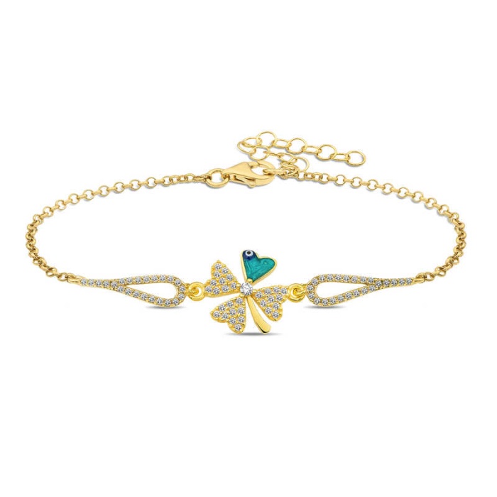 Lucky Life 925 Ayar Gumuss  Gold Nazarlı Yonca Bileklik