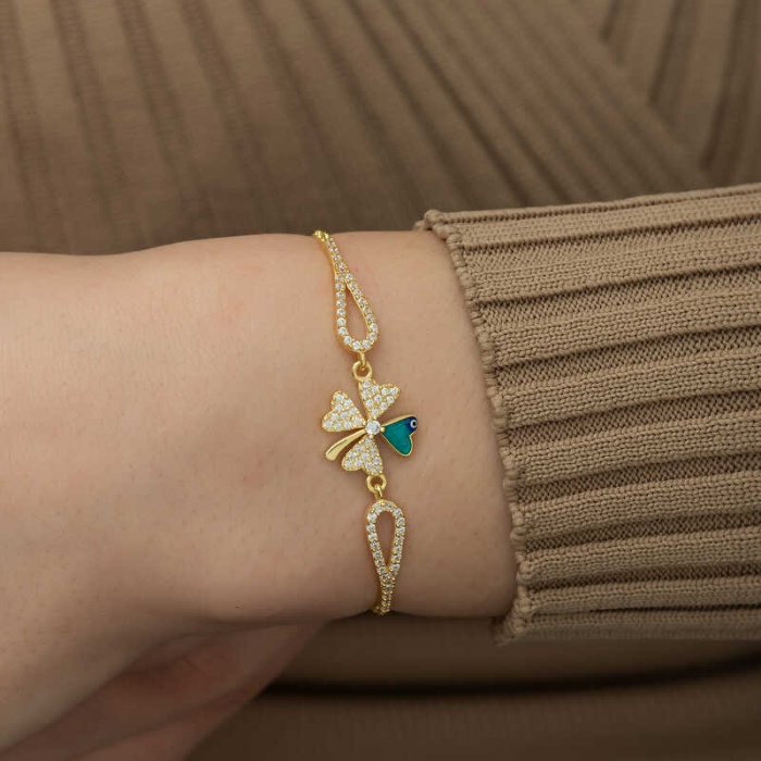 Lucky Life 925 Ayar Gumuss  Gold Nazarlı Yonca Bileklik