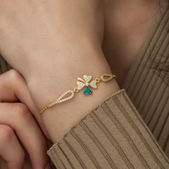 Lucky Life 925 Ayar Gumuss  Gold Nazarlı Yonca Bileklik