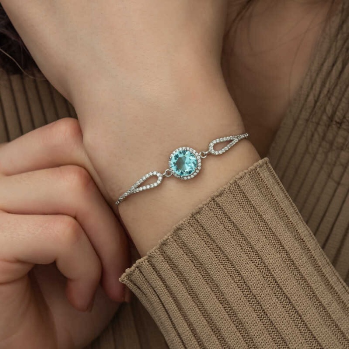 Lucky Life 925 Ayar Gumuss  Aquamarine Bayan Bileklik