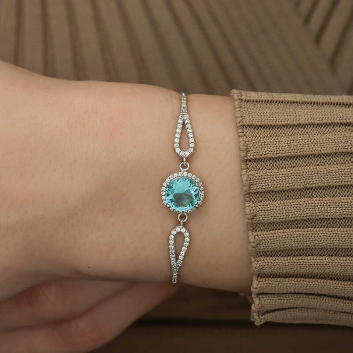 Lucky Life 925 Ayar Gumuss  Aquamarine Bayan Bileklik
