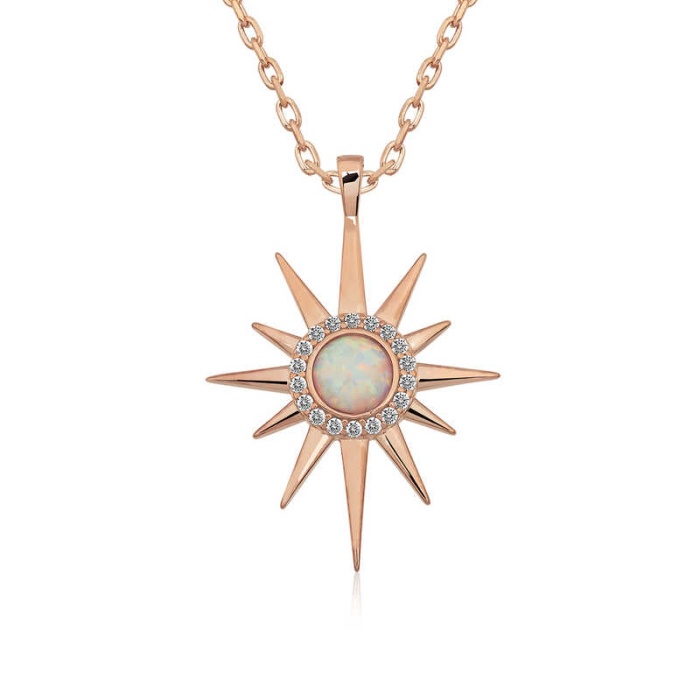 ​Lucky Life 925 Ayar Gumuss  Rose Beyaz Opal Taşlı Kutup Yıldızı Kolye
