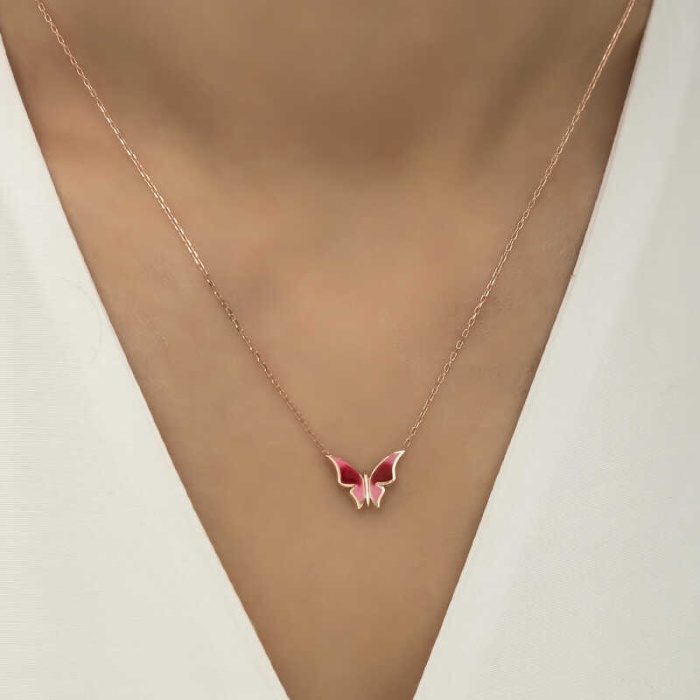 Lucky Life 925 Ayar Gumuss  Rose Minimal Kelebek Bayan Kolye
