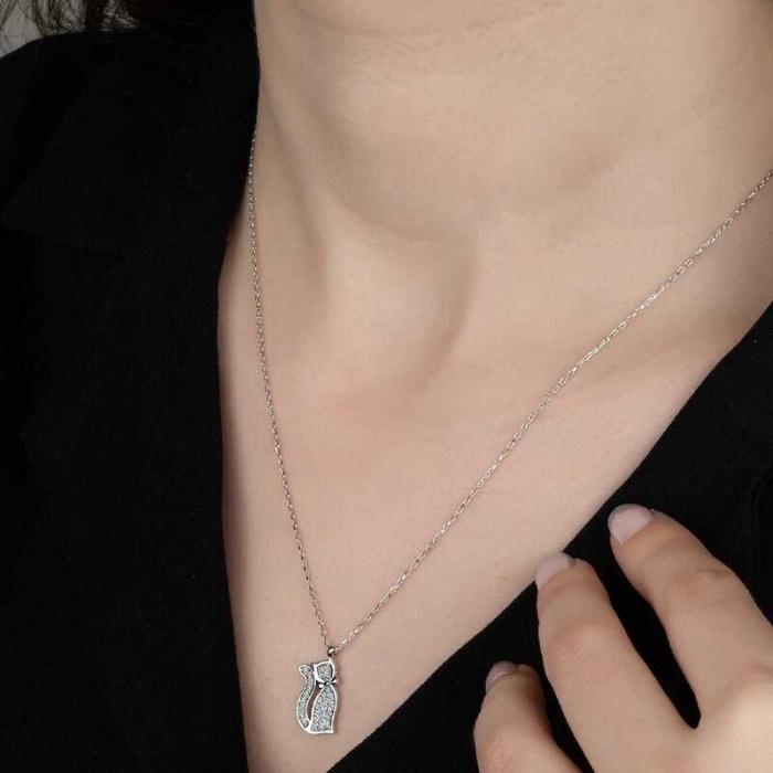Swarovski Taşlı Lucky Life 925 Ayar Gumuss  Kedi Bayan Kolye