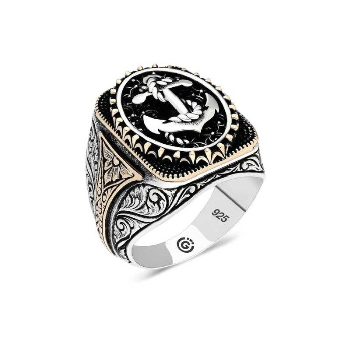 Lucky Life 925 Ayar Gumuss  Deniz Çapası Oval Erkek Yüzük