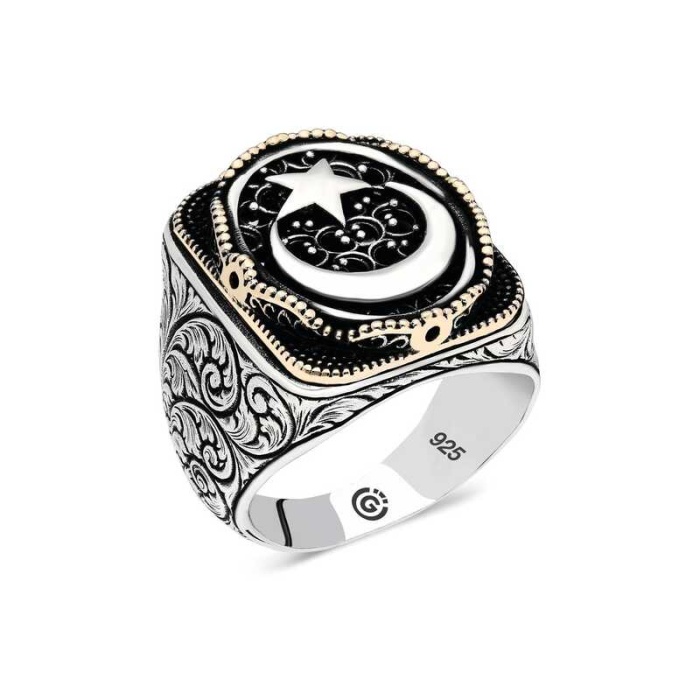 Lucky Life 925 Ayar Gumuss  Ay yıldız Oval Erkek Yüzük