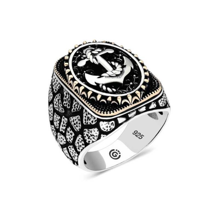 Lucky Life 925 Ayar Gumuss  Deniz Çapası Oval Erkek Yüzük
