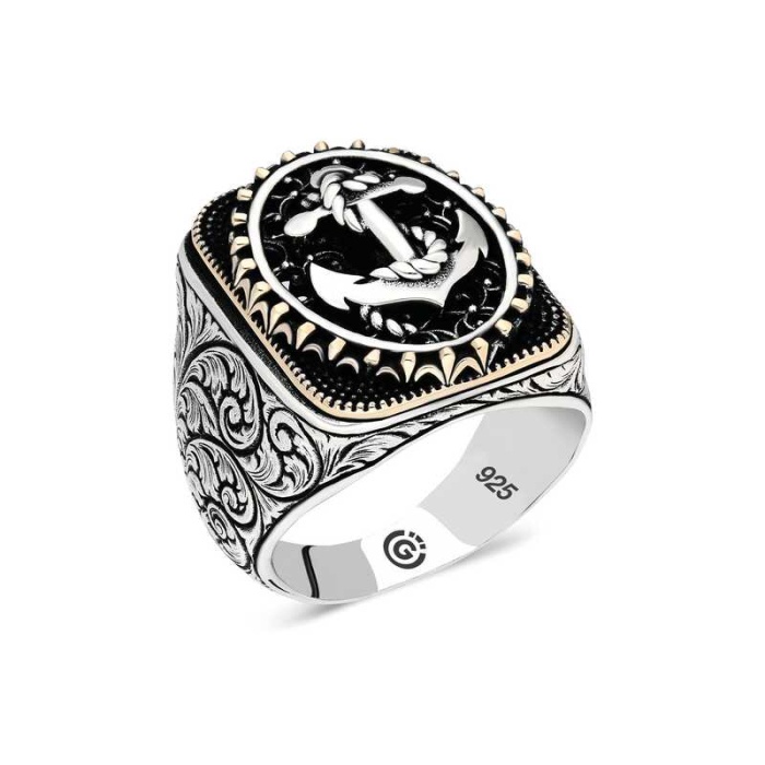 Lucky Life 925 Ayar Gumuss  Deniz Çapası Oval Erkek Yüzük