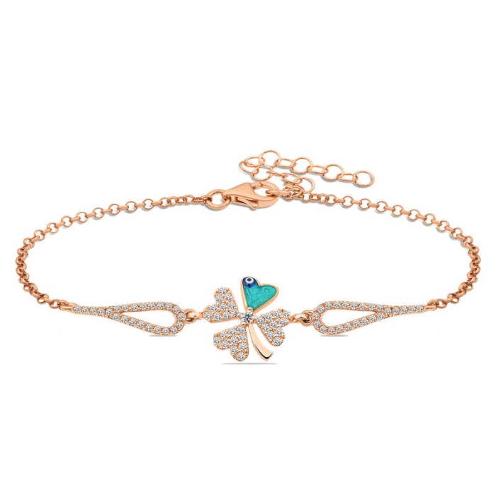 Lucky Life 925 Ayar Gumuss  Rose Nazarlı Yonca Lucky Life Lucky Life Kadın Bileklik