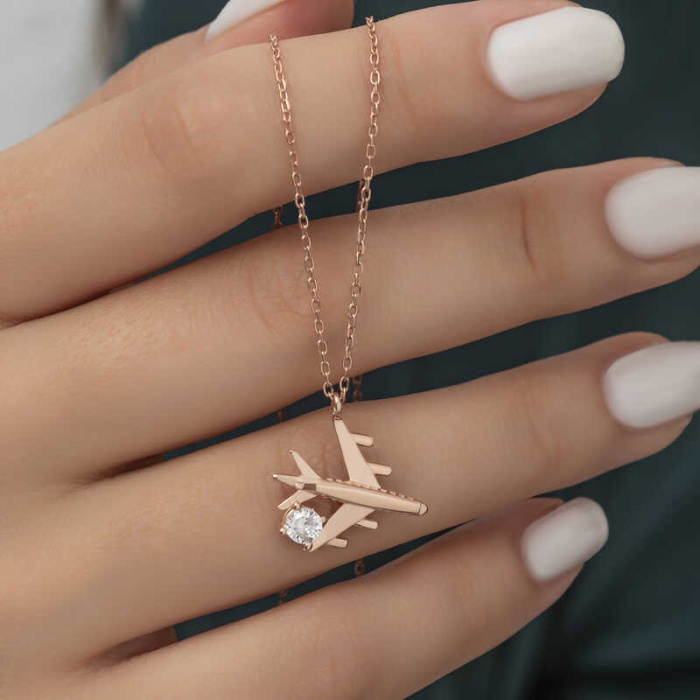 Lucky Life 925 Ayar Gumuss  Rose Tek Taşlı Uçak Lucky Life Lucky Life Lucky Life Kadın Kolye