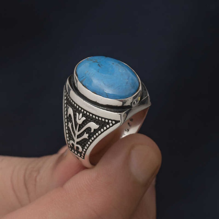 Lucky Life 925 Ayar Gumuss  Zirkon Turkuaz Taşlı Oval Erkek Yüzük