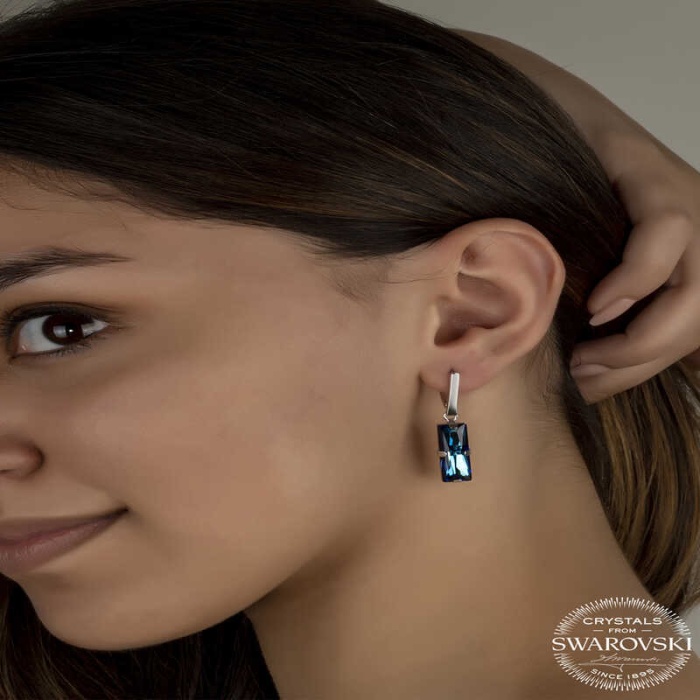 Swarovski Crystal Taşlı Lucky Life 925 Ayar Gumuss  Mavi Baget Sallantılı Lucky Life Lucky Life Kadın Küpe