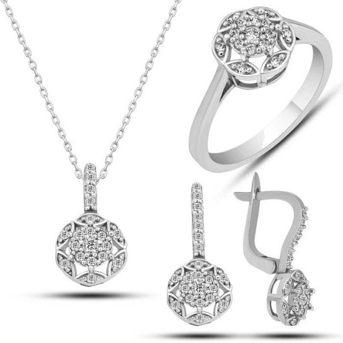 Lucky Life 925 Ayar Gumuss  Beyaz Zirkon Taşlı Çiçek Lucky Life Lucky Life Kadın Set