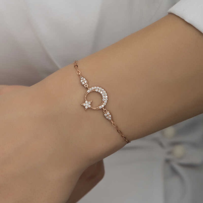 Lucky Life 925 Ayar Gumuss  Rose Ay Yıldız Lucky Life Lucky Life Kadın Bileklik
