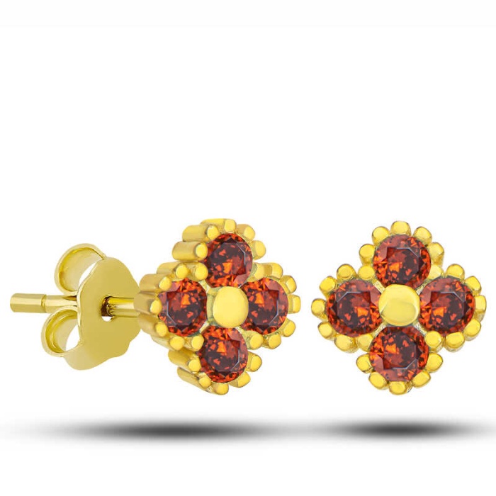 Lucky Life 925 Ayar Gumuss  Gold Yonca Çivili Kırmızı Taşlı Çocuk Küpe