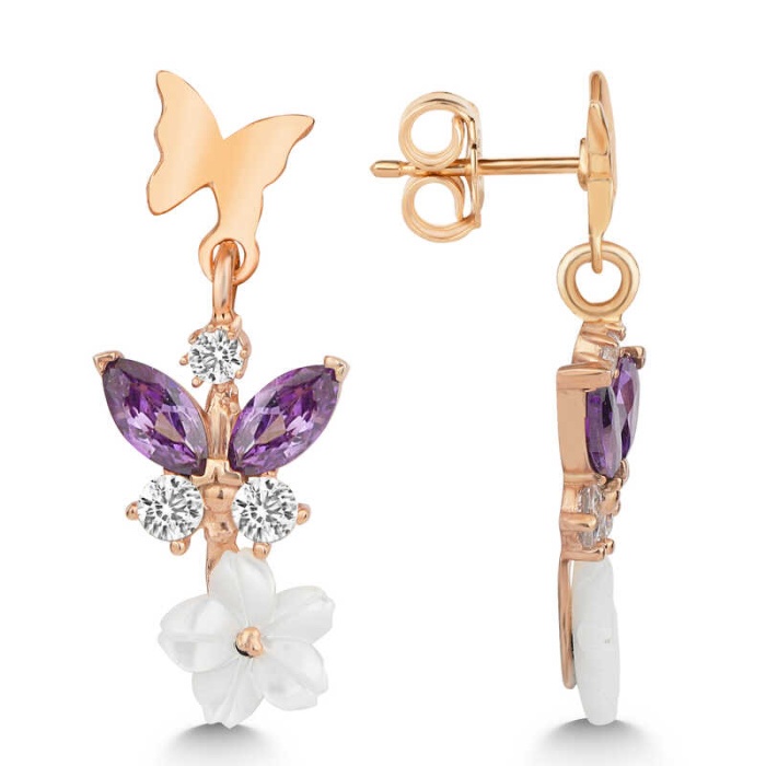 Lucky Life 925 Ayar Gumuss  Rose Mor Taşlı Sedef Çiçek Çivili Lucky Life Lucky Life Kadın Küpe