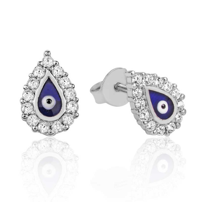 Lucky Life 925 Ayar Gumuss Beyaz Taşlı Nazar Damla Çivili Küpe